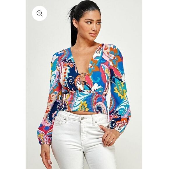 Psychedelic Print V Neck Statement Sleeve Blouse, Love x Design Size XL - Picture 1 of 10
